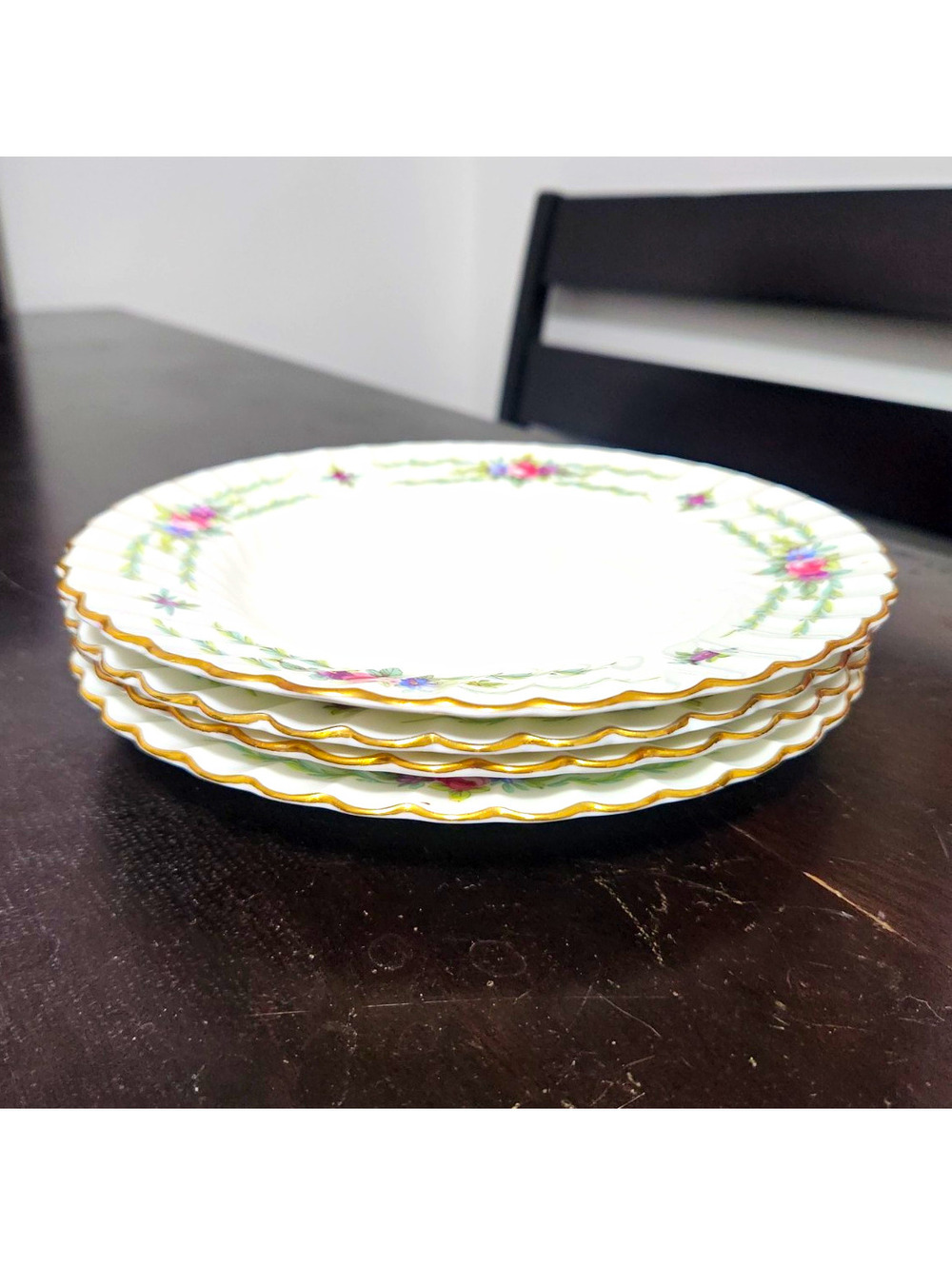 Mintons Chiltern Porcelain Salad Plates Round Floral Gold Trim 8 in Glossy